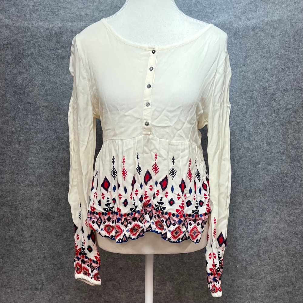 LA Hearts Ivory Boho Geometric Print Babydoll Henley Top Womens Small